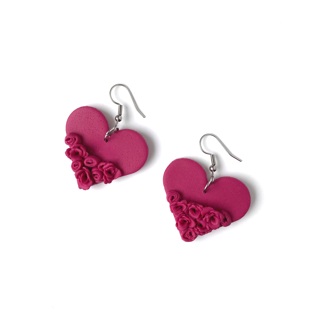 3D floral heart earrings in magenta